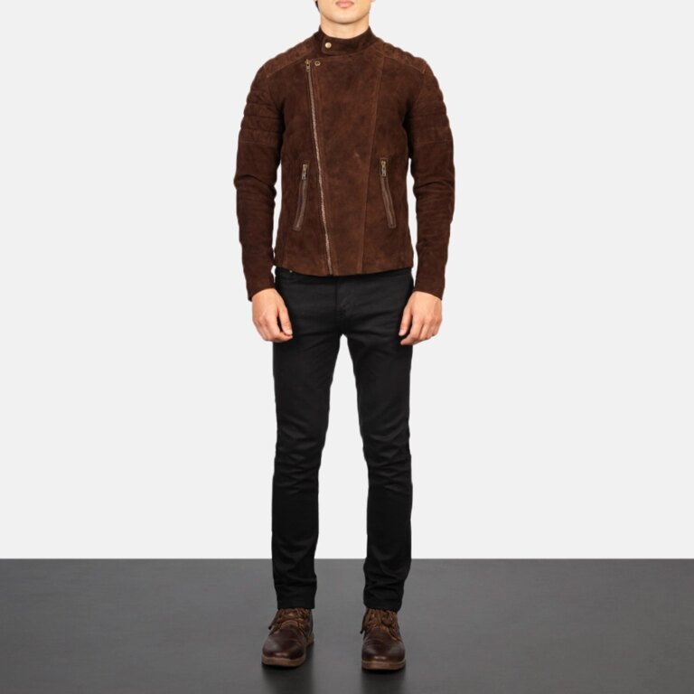 Mens Faisor Mocha Suede Biker Jacket Full Length-2-1720091692594